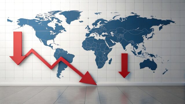 A world map with arrows depicting declining trends, symbolizing economic downturn or global challenges.