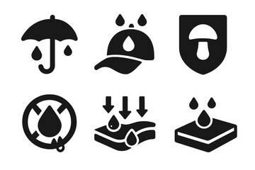Fungal Wear Icons. Solid style icons of water-resistant fungal wear: drip shield icon, waterproof cap badge, repel layer panel.