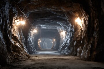 Underground mine tunnel illuminated, showing dark rock formations