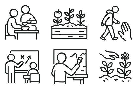 Urban Voluntourism Icons. Line style icons of urban voluntourism: soup kitchen icon, urban farm plot, street outreach hand,
