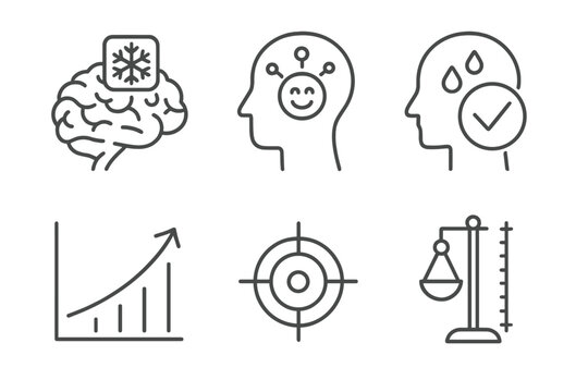 Cryotherapy Icon Set. Line style icons of cryotherapy for mental clarity: brain chill relief, endorphin boost, anxiety reduction,