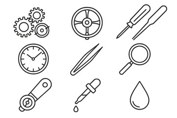 Watchmaking Tool Icons. Line style icons of Watchmaking tools: gear train, balance wheel, screwdriver, watch face, tweezers,