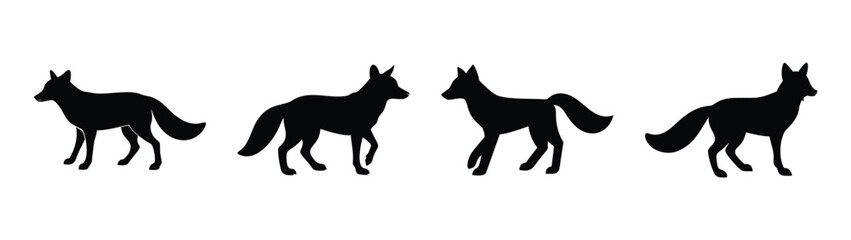 Silhouette animal vector illustration of four standing coyotes wildlife mammals canidae fauna