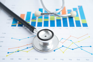 Stethoscope on chart or graph paper, Financial, account, statistics and business data medical health.