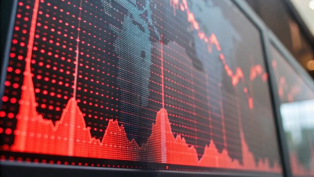 A close-up view of a digital stock market display showing fluctuating graphs and data against a dark background.