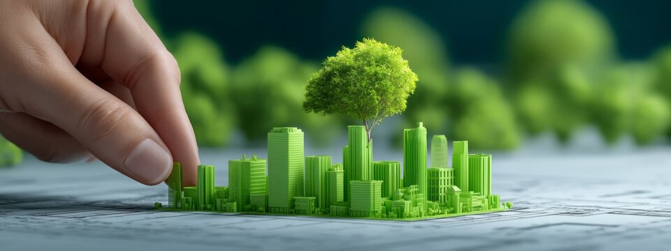 A hand places vibrant green structures on a detailed blueprint, symbolizing the future of eco-friendly city design and sustainable living. This scene captures creativity and vision in architecture