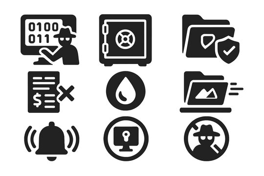 Archive Breach Icons. Solid style icons of archive breach scenarios: data theft panel, open vault icon, exposed art folder.