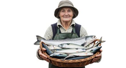 Fisherwoman holds a basket of freshly caught fish, showcasing her daily labor in an isolated setting
