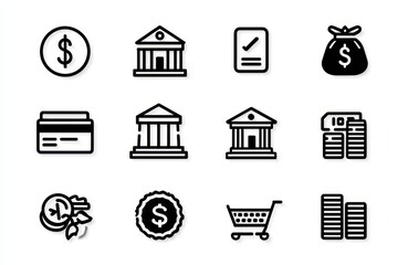 White outline financial and business icons set on dark textured background including dollar coin, money bag, bank, stock market