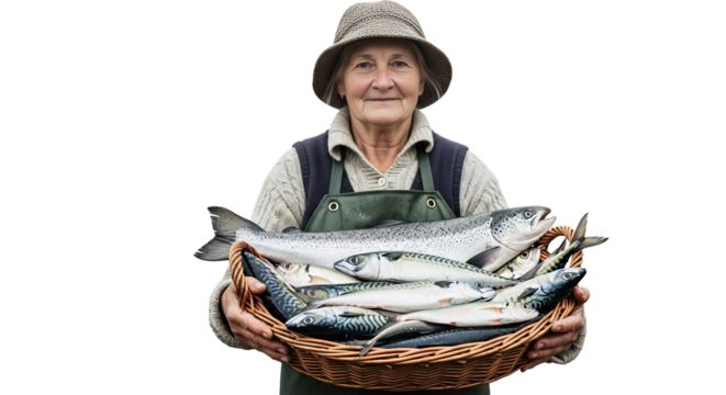 Fisherwoman holds a basket of freshly caught fish, showcasing her daily labor in an isolated setting