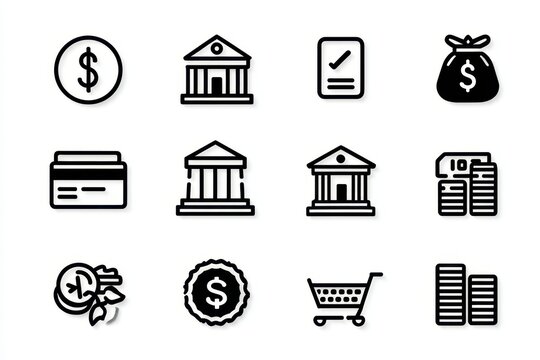 White outline financial and business icons set on dark textured background including dollar coin, money bag, bank, stock market