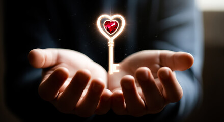 Close up elderly hands passing a heart shaped light key to tiny child hands symbol trust love security wisdom