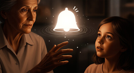 Close up elderly hands passing a small resonant bell of light to tiny child hands symbol awareness presence meditation kindness