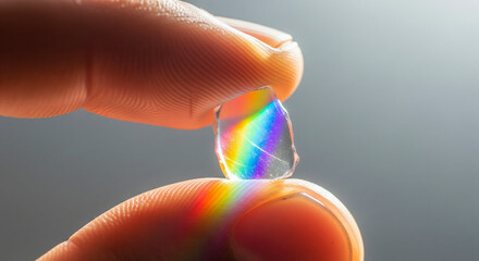 Close up elderly hands handing a prism shard of light to tiny child hands symbol clarity insight guidance empathy