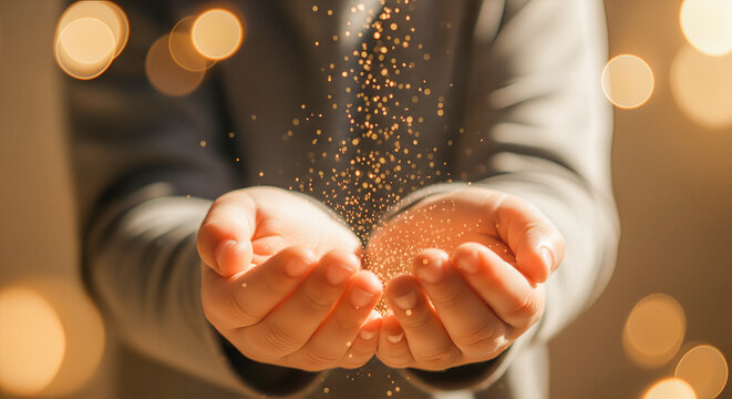 Close up elderly hands pouring glittering laughter sparks into tiny child hands symbol joy playfulness connection affection