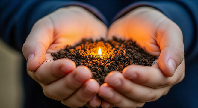 Close up elderly hands placing a tiny glowing courage seed into small child hands symbol bravery resilience growth