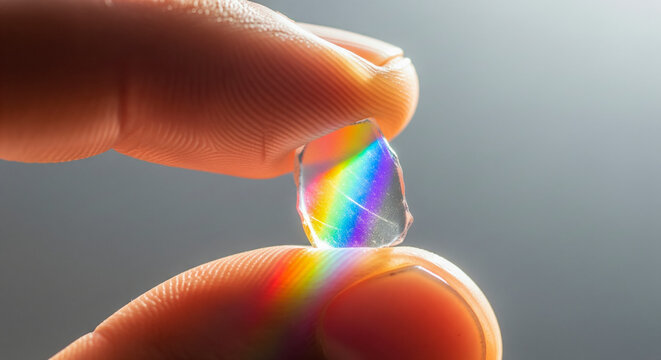 Close up elderly hands handing a prism shard of light to tiny child hands symbol clarity insight guidance empathy