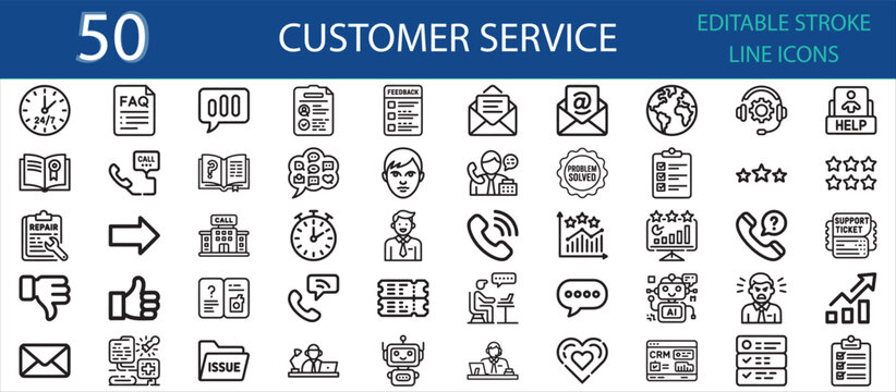 Editable line icons of customer support and service concepts. Includes call center, chat, help desk, headset, feedback, satisfaction rating, CRM, problem solving, and communication tools.