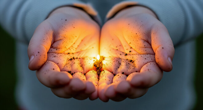Close up elderly hands placing a tiny glowing courage seed into small child hands symbol bravery resilience growth