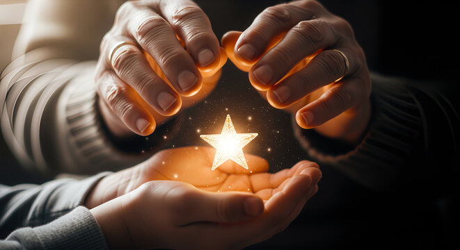 Close up elderly hands passing a tiny glowing star into small child hands symbol wisdom wonder hope love intergenerational bond gentle golden light soft night gradient - Powered by Adobe