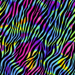 Zebra rainbow abstract seamless pattern. Neon gradient lines on a black background. Colorful stripes, repeating background. Vector printing for fabrics, posters, banners. 