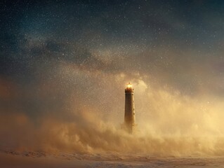 Starry Night Lighthouse Foggy Coastline Warm Glow Milky Way Landscape Solitude Ethereal Scene Dreamy Ocean Beacon Night Sky Serene Seascape