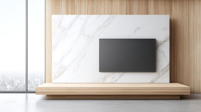 Space showcases smooth wooden wall panels that provide warmth and texture, contrasted by a sleek marble feature. Large windows invite natural light to brighten the contemporary design