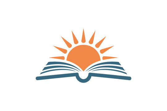 An open book with a sun rising over its pages symbolizes learning and knowledge.