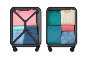 Suitcase showing two different methods of packing clothes for efficient travel and organization on a transparent background