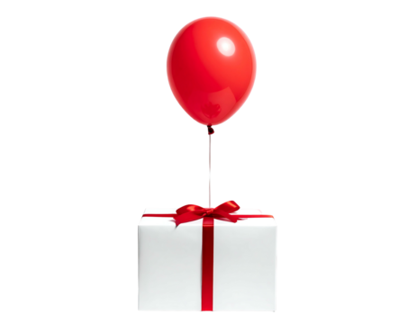 A red balloon tied to a wrapped gift box with a red ribbon, all set against a stark black background