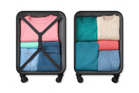 Suitcase showing two different methods of packing clothes for efficient travel and organization on a transparent background