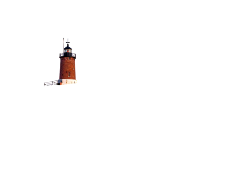 A red brick tower with a lantern room atop a small stone structure emerges from the darkness, hinting at coastline