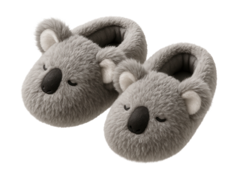 Grey fur slippers featuring white inner ears, shaped like a koala.