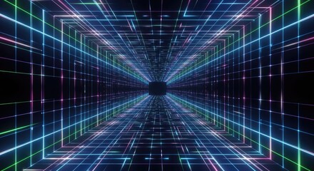 A vibrant, neon-lit tunnel with a futuristic, geometric design.