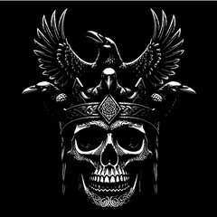 Obraz premium Black and White Engraving of a Viking Skull Wearing a Crown of Ravens, Feathers Spreading in Perfect Symmetry, Deep Engraved Textures, Strong Monochrome Composition, Norse Mythology Artwork