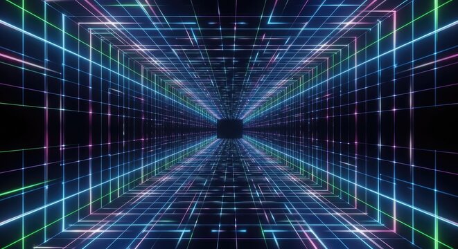 A vibrant, neon-lit tunnel with a futuristic, geometric design. - Powered by Adobe