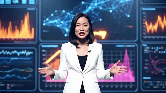 Dynamic businesswoman presenting data analysis with modern technology and visual graphs in the control room, data-driven decisions - Powered by Adobe