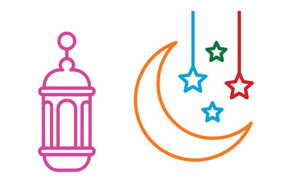 A stylized illustration shows a traditional lantern next to a crescent moon and colorful stars, symbolizing Ramadan and Islamic culture.