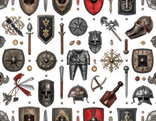 A repeated pattern showcasing medieval weaponry and armor elements against a black backdrop, creating a cohesive design