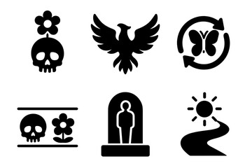 Death and Rebirth Icons. Solid style icons of death and rebirth symbolism: skull + flower glyph, phoenix icon, transformation ring