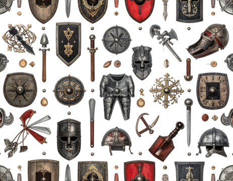 A repeated pattern showcasing medieval weaponry and armor elements against a black backdrop, creating a cohesive design