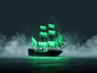 Fototapeta premium Phantom pirate ship with spectral green sails glows eerily against dark, misty background, creating haunting atmosphere