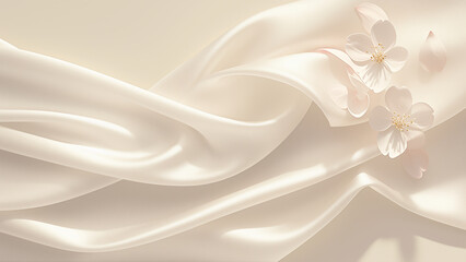 Obraz premium 白いシルクのドレープと桜の花の背景