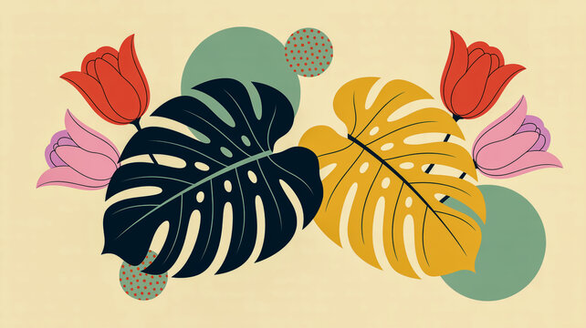Symmetrical Arrangement of Monstera Leaves and Tulips with Abstract Circles and Polka Dots
