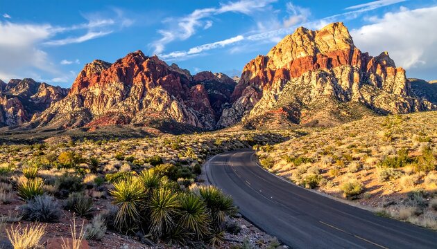 Scenic desert landscape with a winding road under a blue sky