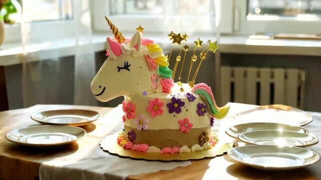 Unicorn Birthday Cake on a Table with Plates for a Celebration.
