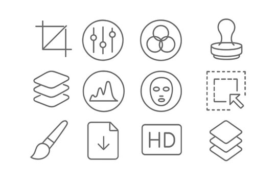 Photo Editing Icons. Line style round vector icons of Photo Editing: Crop Tool, Adjustment Sliders, Color Balance, Clone Stamp;