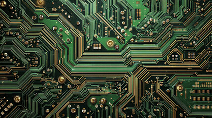 A detailed close-up shot of a circuit board, showcasing the intricate pathways and electronic components