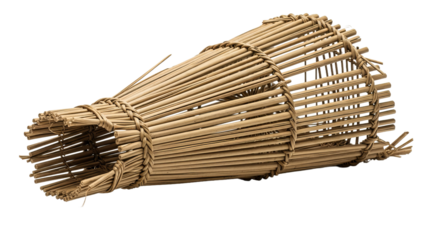 Handmade reed fishing trap showcasing intricate details and craftsmanship in an isolated setting