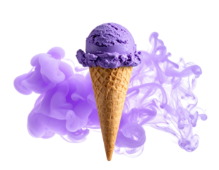 A scoop of purple ice cream sits in a waffle cone, against a backdrop of swirling lavender smoke. The scene is isolated